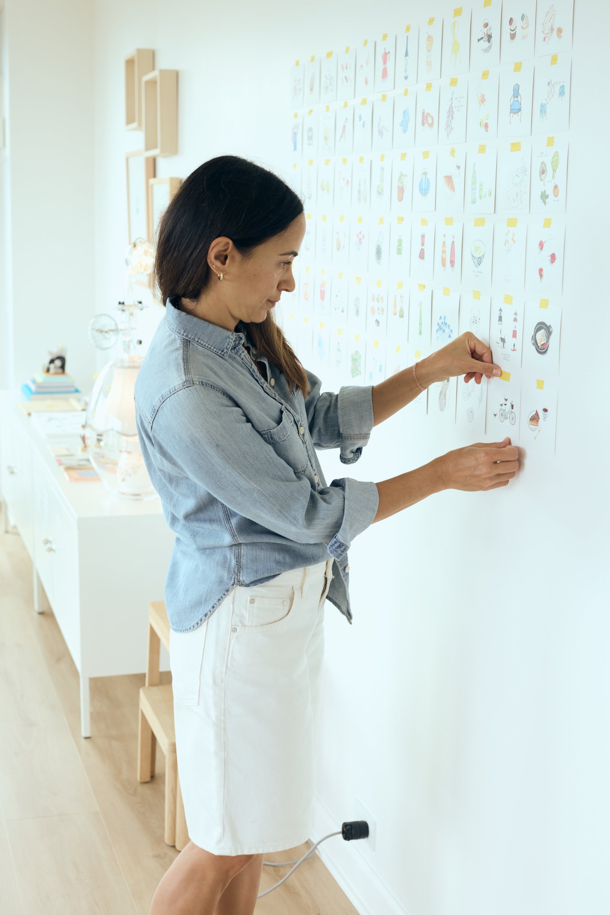 Wall of drawings in Başak Notz's studio